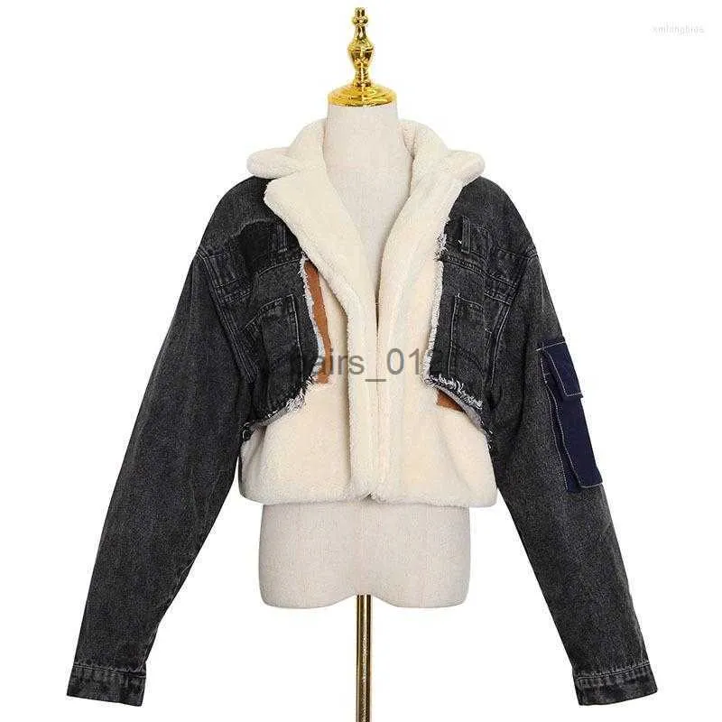 Giacche da donna Giacche Abbigliamento Cappotto patchwork di jeans di lana Nero Blu Alto Streetwear Taglie forti 240305