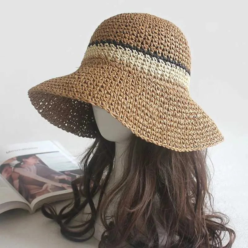 Wide Brim Hats Bucket Hats New Fashion Simple Portable Summer Beach Hat Womens Casual Panama Hat Womens Brand Womens Flat Brim Straw Hat Girls Sun Hat Bob J240305