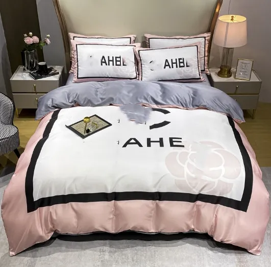 Duvet Cover Foreign Trade Fashion Brand Light Luxury High Sense Ice Silk Four-Piece Set Washed Silk Slip Quilt Cover Bed Sheet Fitted Sheet