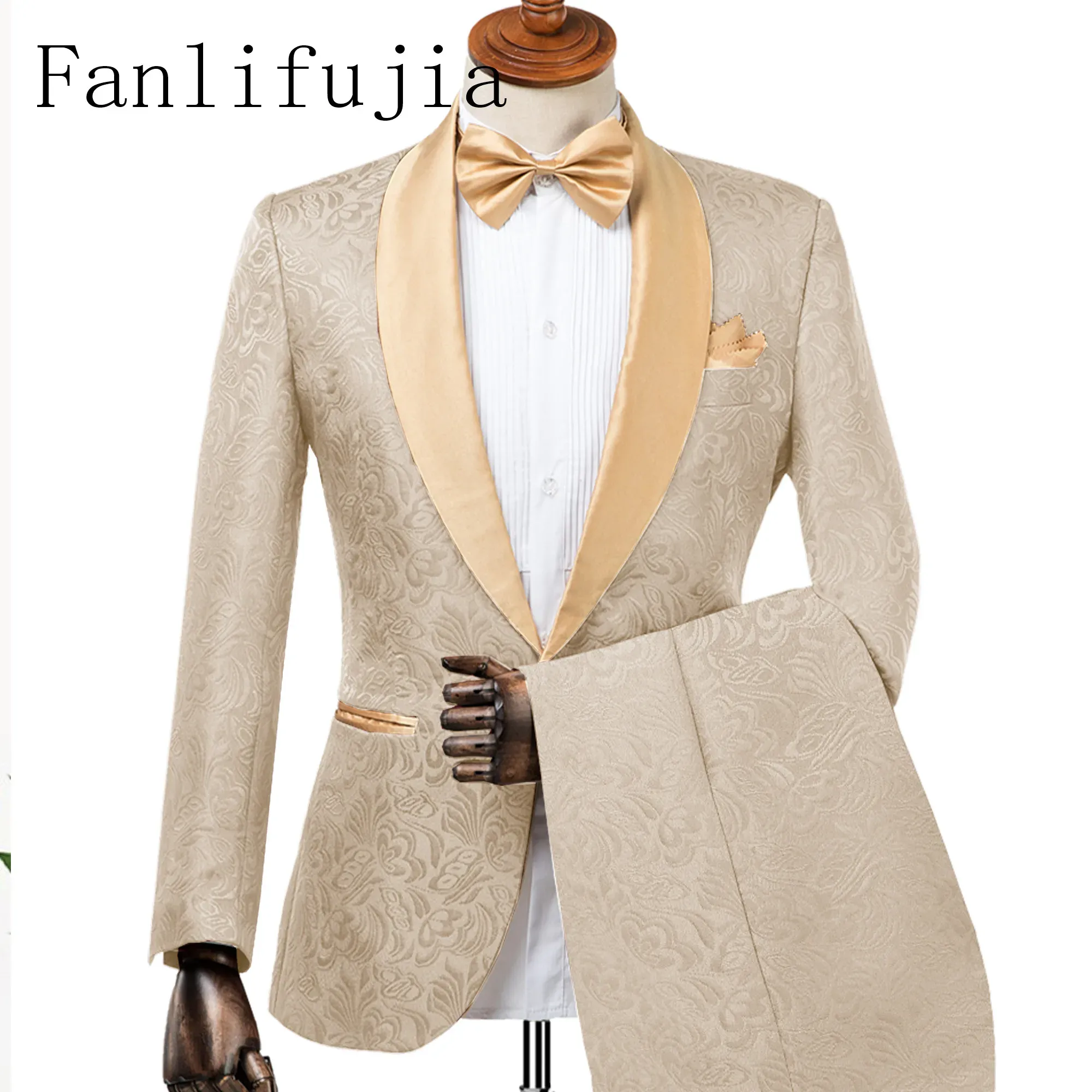 Fanlifujia Heren Trouwkostuum 2023 Italiaans Design Maatwerk Champagne Roken Tuxedo Jacket 2 Stuk Bruidegom Terno Pakken Voor Mannen
