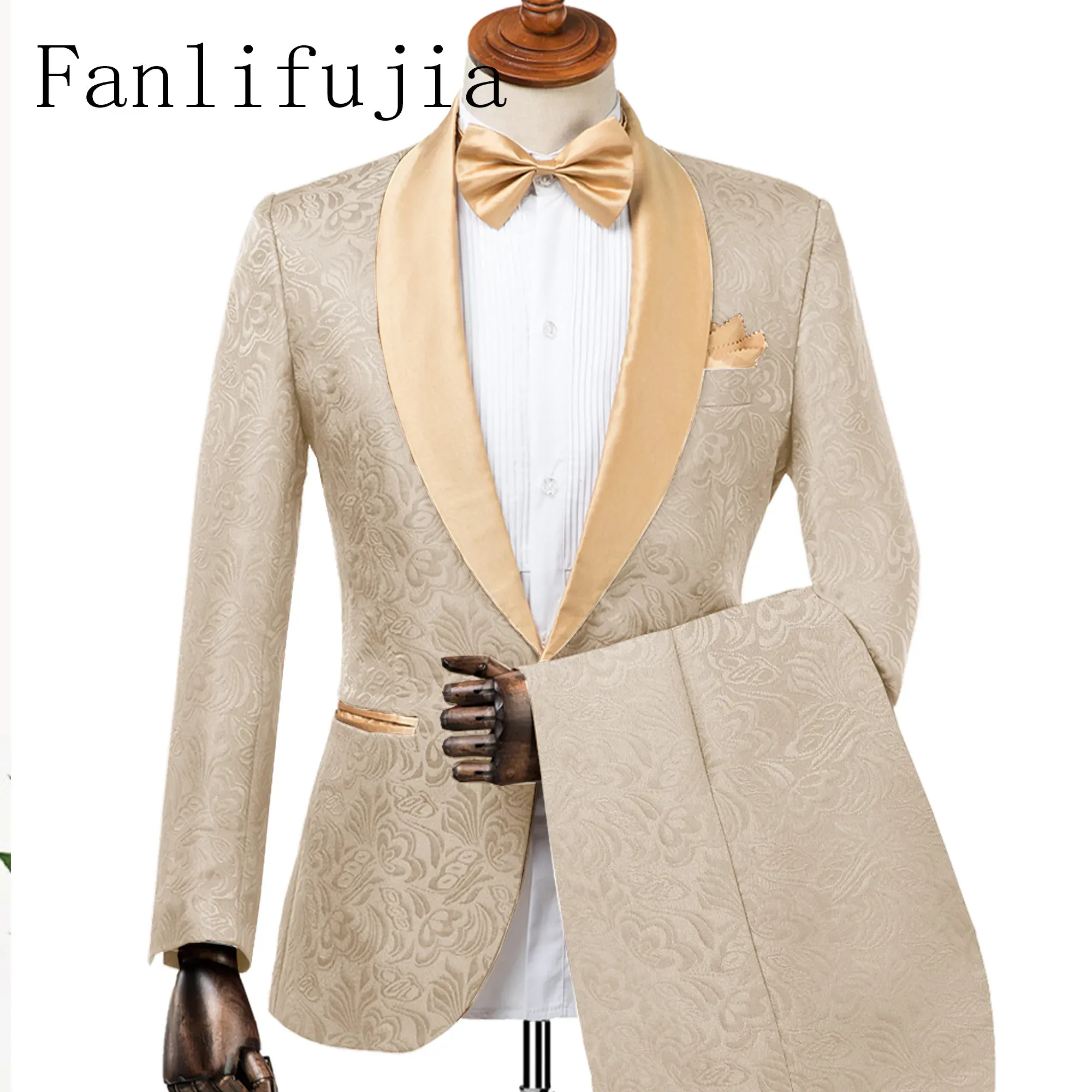 スーツFanlifujia Mens Weddingスーツ2023イタリアのデザインカスタムメイドシャンパン喫煙タキシードジャケット2ピースグルームテルノスーツ