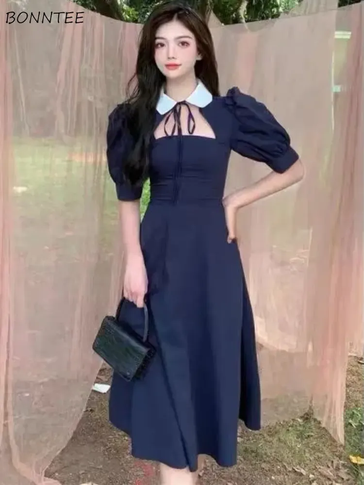 Kleid Puff Sleeve Midi Kleid Frauen Blau Elegante Aushöhlen Sommer Mode Streetwear Ästhetischen Koreanischen Stil Casual Allmatch Täglich Neue
