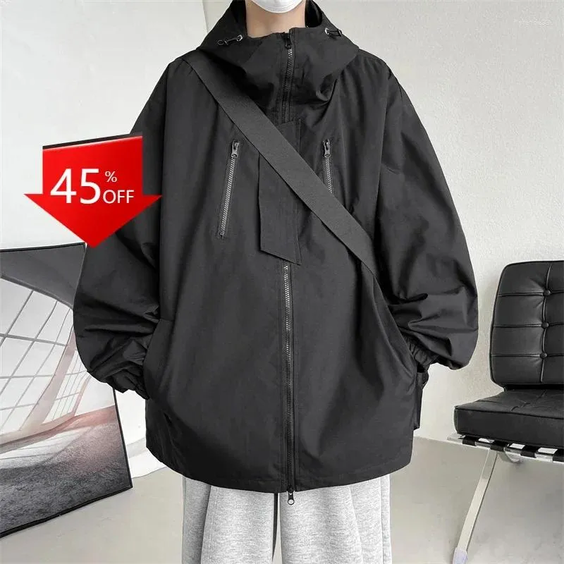 Herenjassen Y2K waterdichte jas met capuchon, zwart buitenwerk voor heren, streetwear, chaquetas hombre, varsity