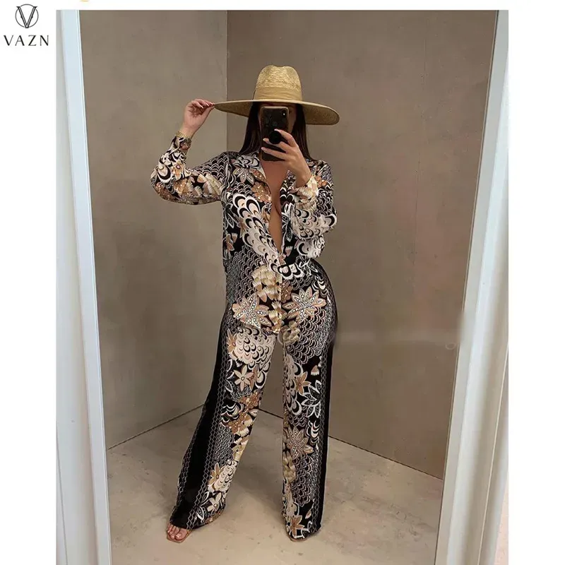 Suits VAZN New 2021 Ladies Spring Fashion Street Girl Style Women Suit Long Sleeve Lapel Top Elastic Long Pants Printed Sets