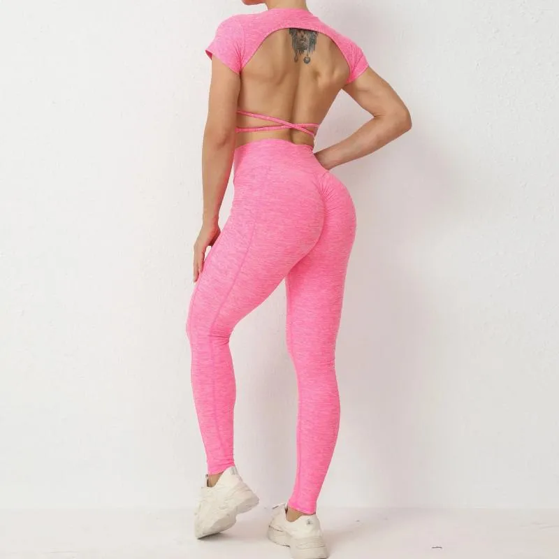 Active Sets Cute Sport Set Women 2024 Workout Womens Push Up Sportswear Woman Gym Clothing Tracksuit Sports T-shirts Leggings Kit Pink