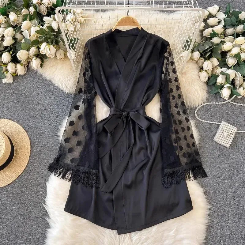 Casual Dresses Superaen 2024 Autumn Retro Style Nightgown Dress Women's Mesh Tassel Tie Design Black