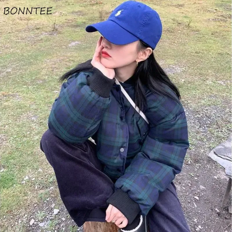 Parkas Short Style Parkas Women BF Winter Korean Fashion Vintage Plaid Simple Basic Outwear Female Allmatch Students OOTD Ins New Chic