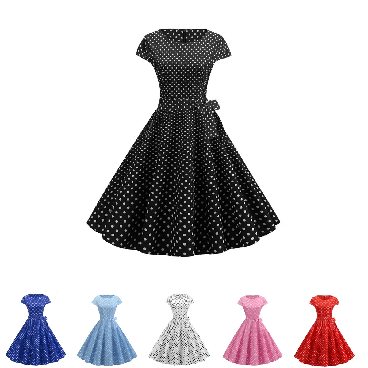 Vestido 2023 moda elegante polka dot vestidos de verão das mulheres manga curta opescoço vintage pinup rockabilly joelho comprimento vestido de festa casual