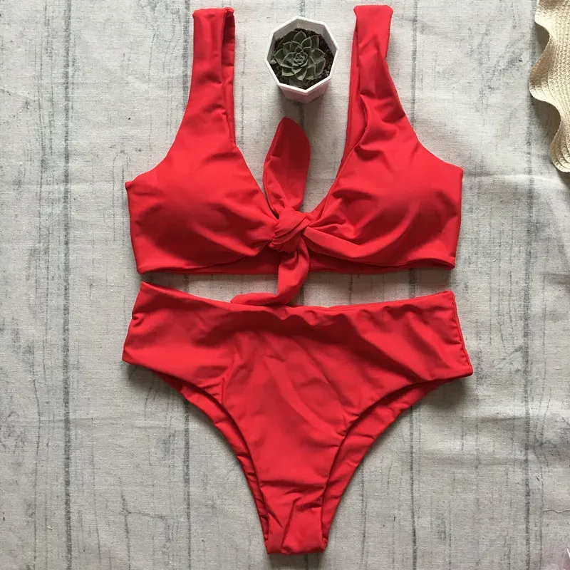 Set Sexy High Waist Bikini Women Swimwear Solid Red Backless Push Up Padded Biquini Female Brazilian Front Tie Bathing Suit Swimsuit