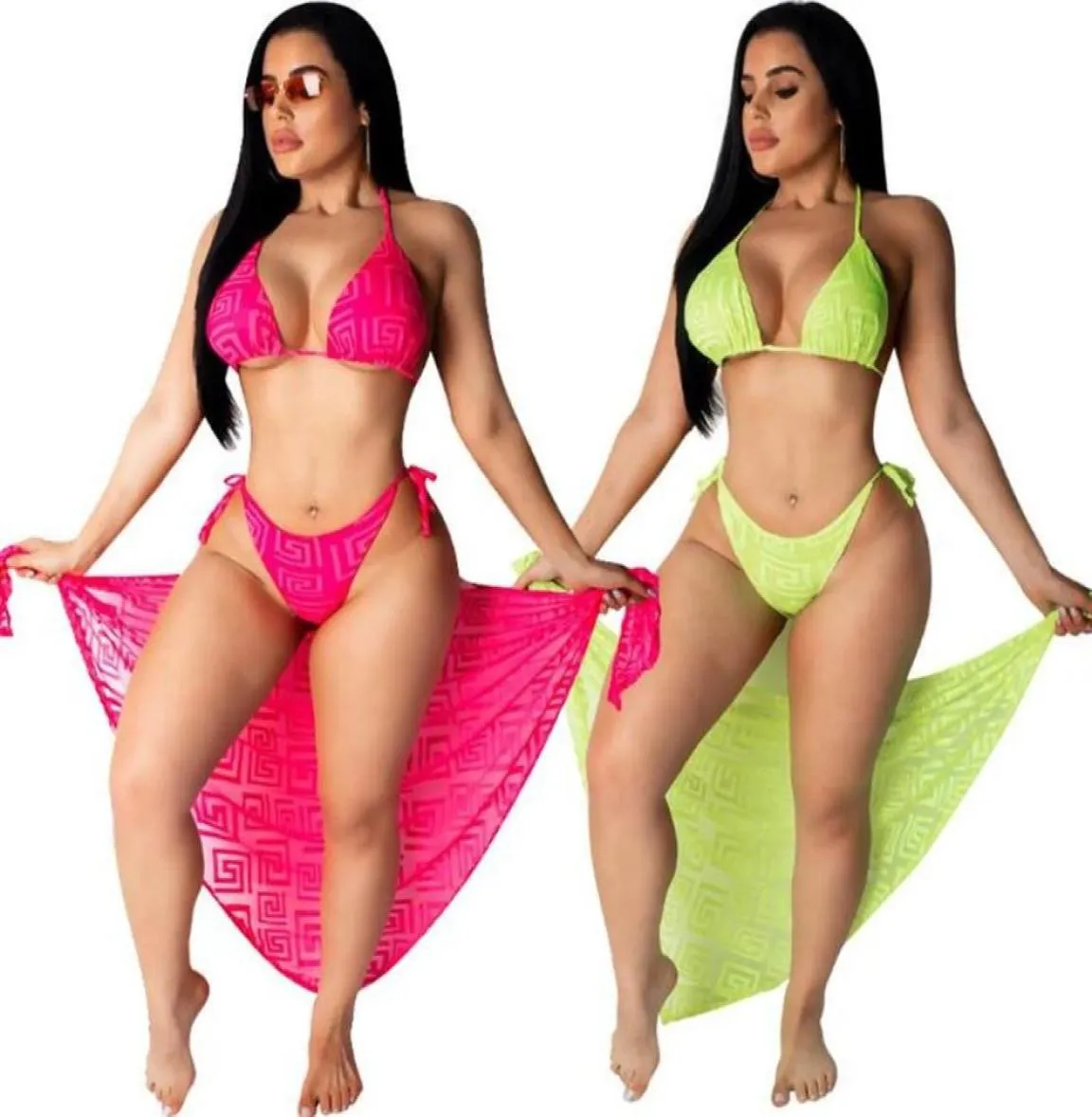 Moda sexy praia 3 peça conjunto de verão biquíni colheita superior e lado calças curtas e capa longa cachecol terno243j1001028