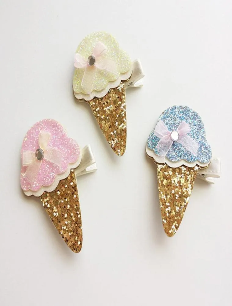 24pclot Glitter Felt Pink Icecream Baby Girls Hair Clip with Mini Bow Hair Barrette Cute Sequin Gold Silk Hairpin New Arrival4321657