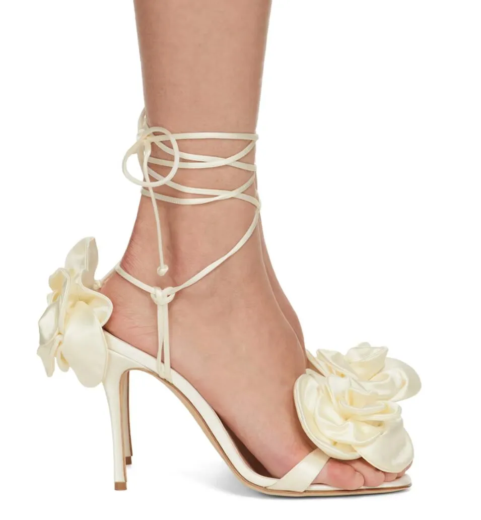 Summer Luxury Magda Butrym Double Flower Sandals Shoes Women Wraparound Self-tie Ankle Straps High Heels Lady Party Wedding Gladiator Sandalias