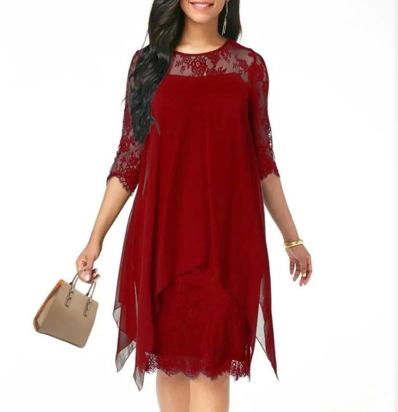 Casual Dresses XS5XL Solid Color Three Quarter Sleeve Lace Dress Round Neck Women Elegant Overlay Chiffon Plus Size2021 Fashion2486395