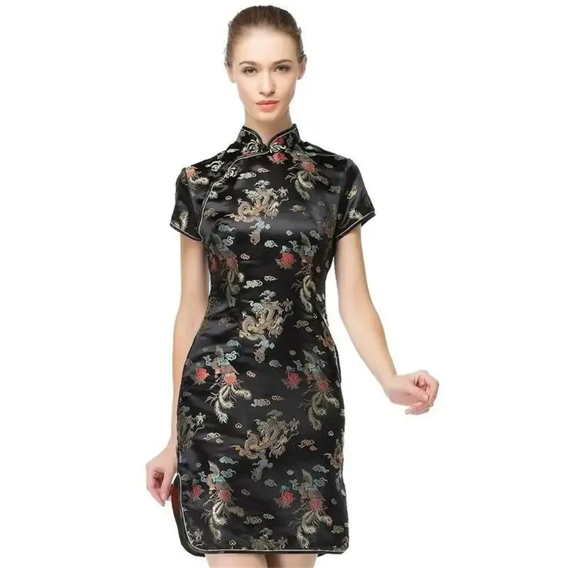 Vestido preto tradicional chinês vestido feminino cetim qipao verão sexy vintage cheongsam flor tamanho s m l xl xxl