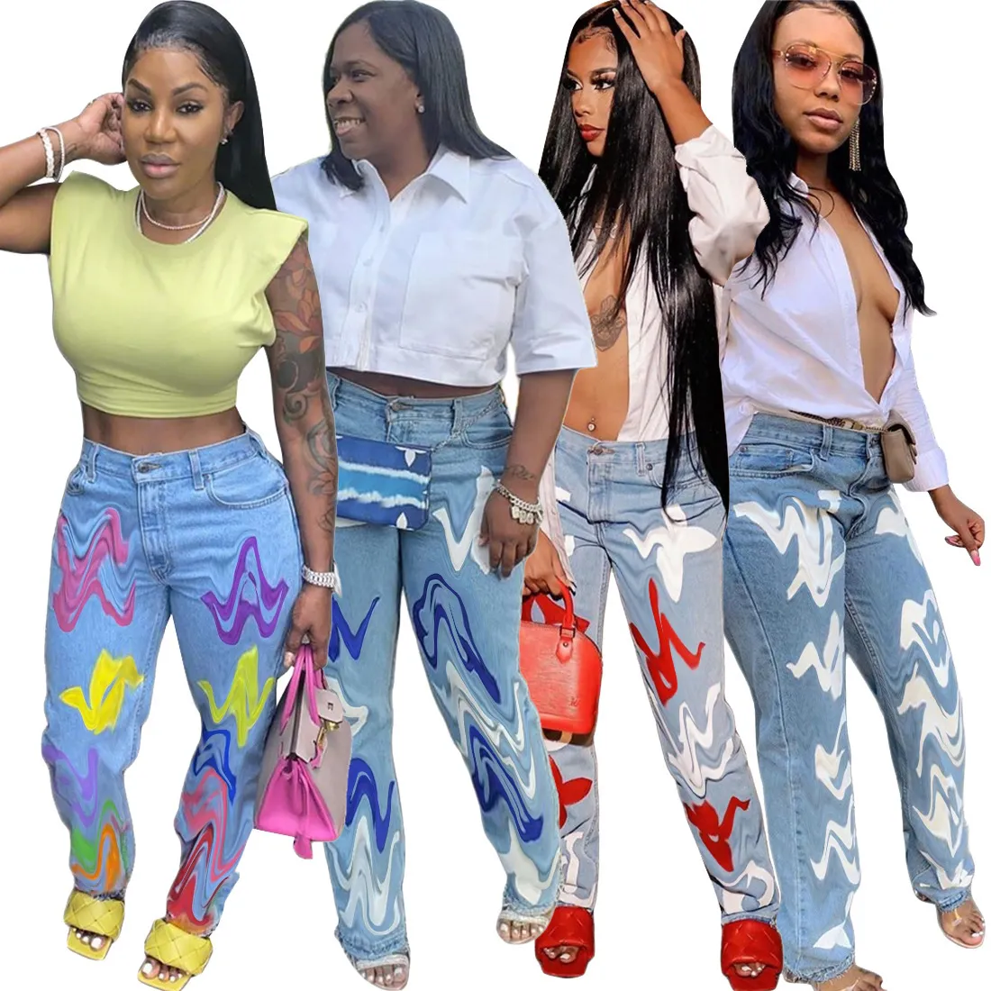 Lyxbyxor berömda varumärkesdesigner trycker kvinnors denim jeans