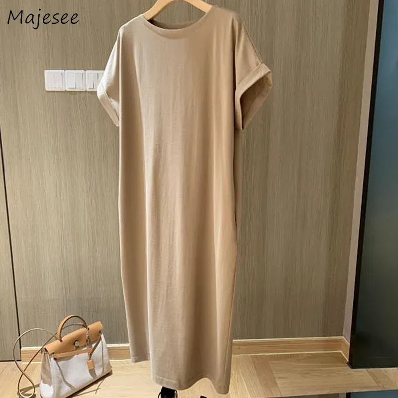 Robe Robe À Manches Courtes Femmes Minimaliste Solide Doux Allmatch Style Coréen Mi-mollet Été Femme Preppy Mode Décontracté Chaud Ins Nouveau