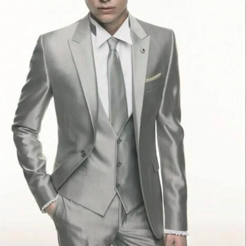 Passar Silver Grey Satin Wedding Men Suit 2023 Formell mager snygg manlig blazerparty Custom Tuxedo 3 -del Vestidos Mens Suits