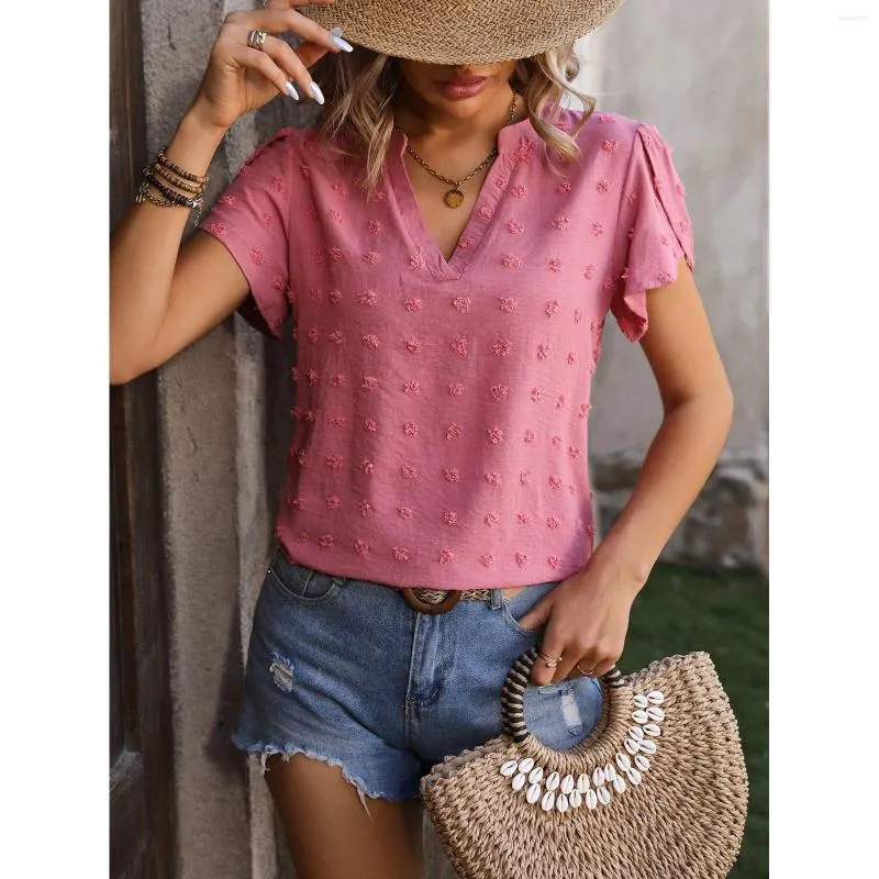 Women's T Shirts Summer V-Neck Chiffon Shirt Solid Color Petal Short Sleeve Casual Top T-Shirt Ropa De Mujer