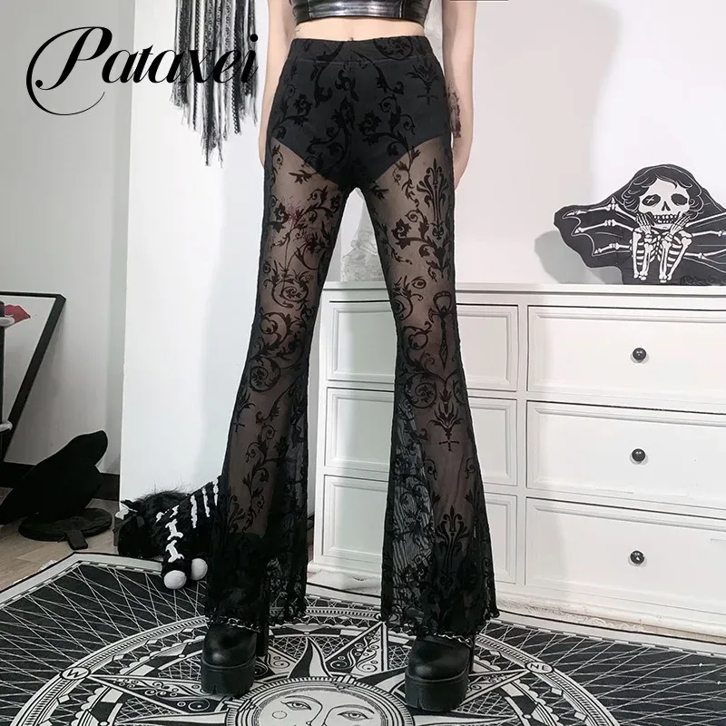 Capris Pataxei Pantsレディースファッションプリントダークセクシーなメッシュの視点薄いズボンカジュアル刺繍レースフレアパンツ女性ストリートウェア