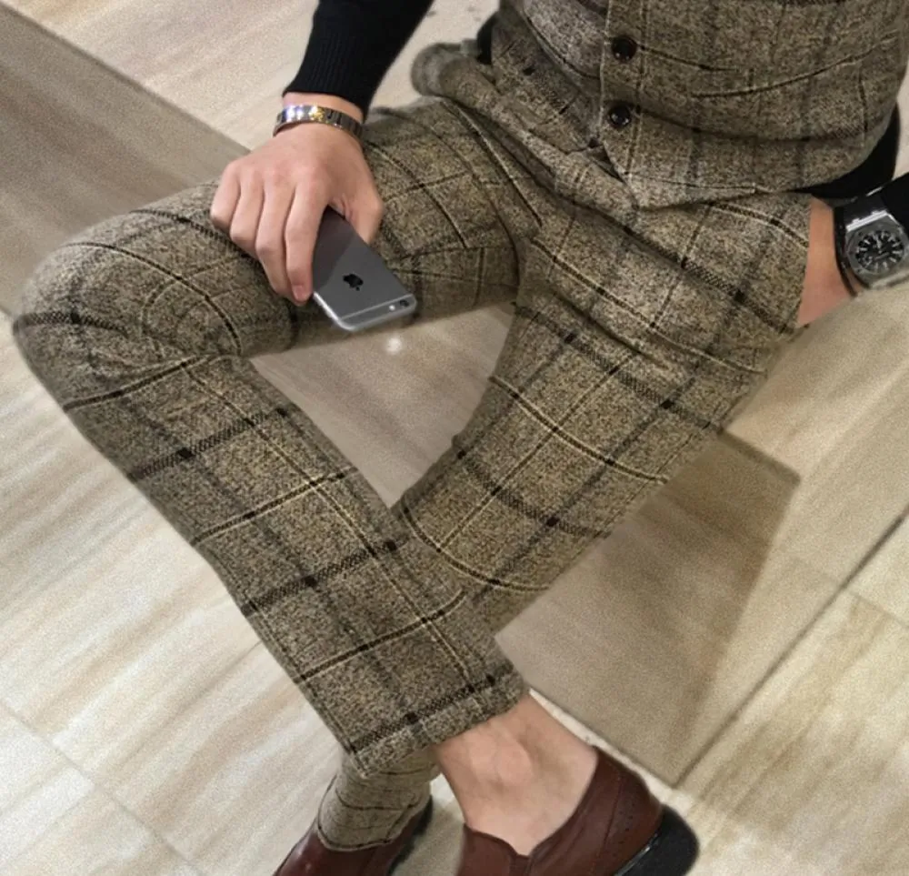 冬の太いスーツの男性スリムフィットファッション格子縞のドレスパンツプラスサイズのビジネスフォーマルウェアメンズズボンパーティーパンツ5xlm 1961074