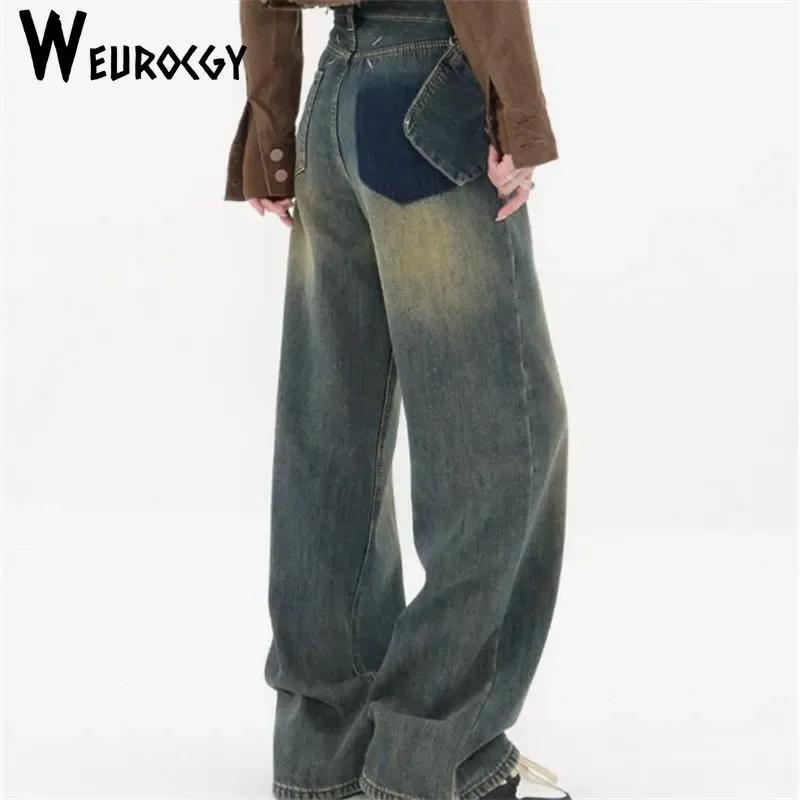Jeans Design Vintage Streetwear Y2K Baggy Jeans Damen Denim Cargohose Damen hohe Taille zerrissene Taschen breites Bein neue Jeans Frau