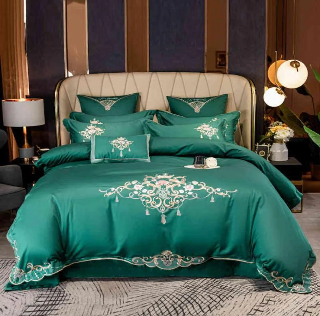 4 pièces housse de couette rétro plat drap ensemble gris bleu Chic broderie luxe Faux tout coton literie Set9911430