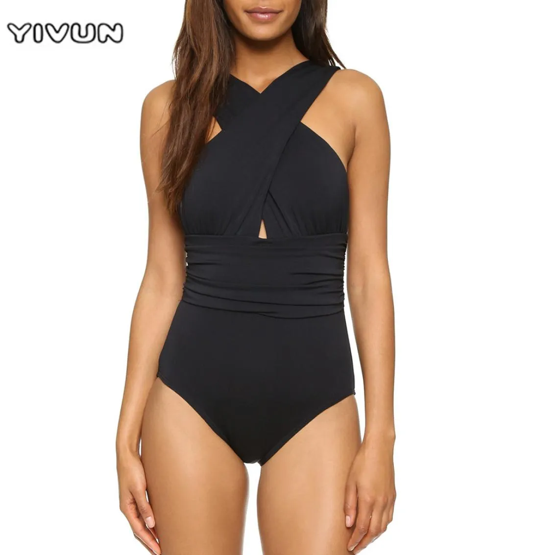 2021 brasiliansk bikini badkläder sexig kors halter kvinnor en bit baddräkt svart röd fast bad strand slitage simma retro kostymer5731325