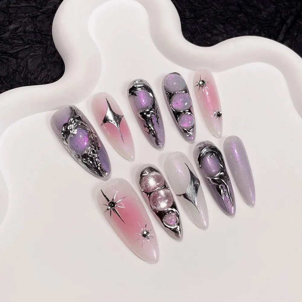 Fait à la main de luxe Y2k Presse sur les ongles Long Stiletto Goth Design Réutilisable Adhésif Faux Couverture Complète Wearable Nail Tips Filles 240305