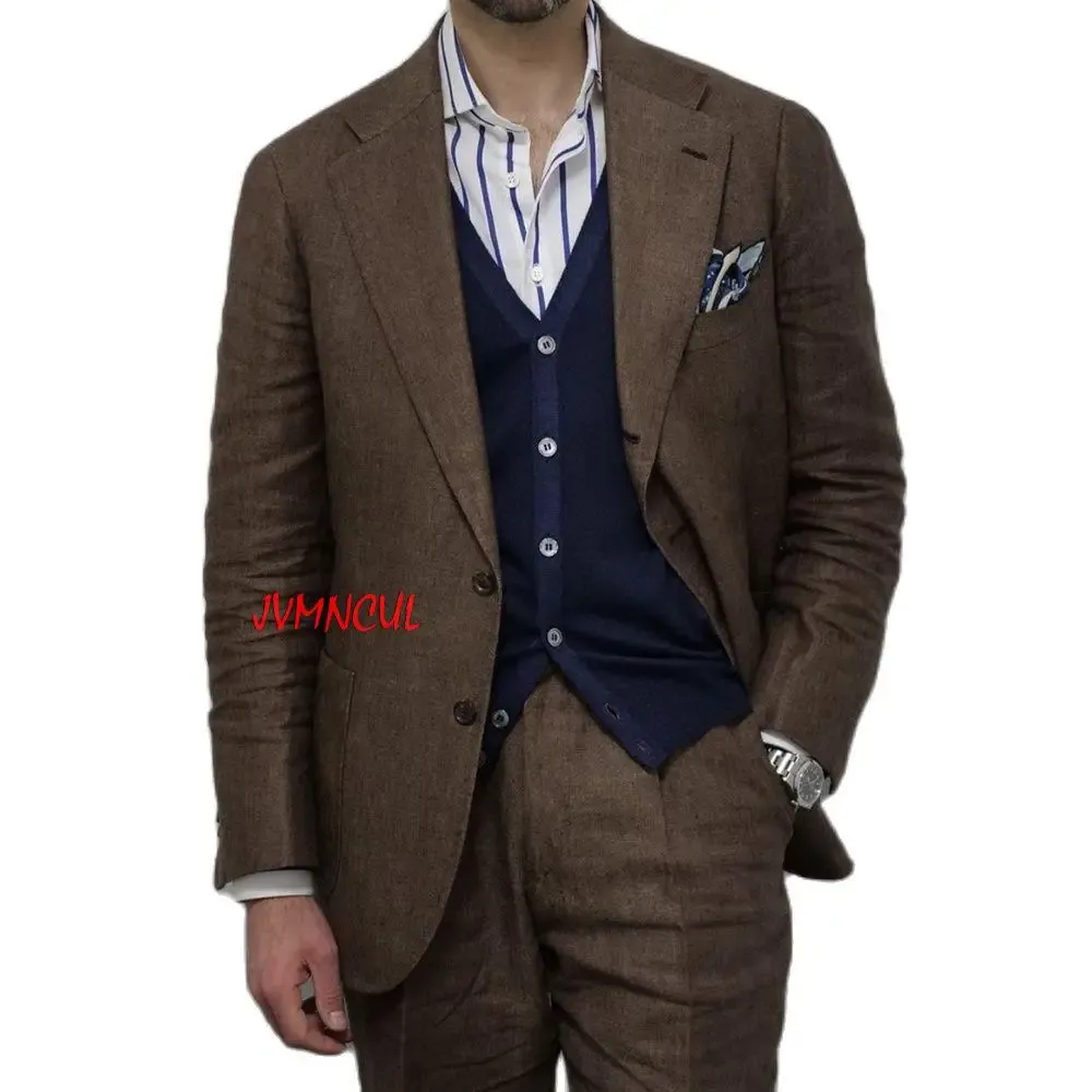 Suits Linen Men's Suit 2 -Piece Slim Fit Single Breasted Brown Coffee Blazer Set Gentleman Jacket With Pants Mane Clothing Big Size