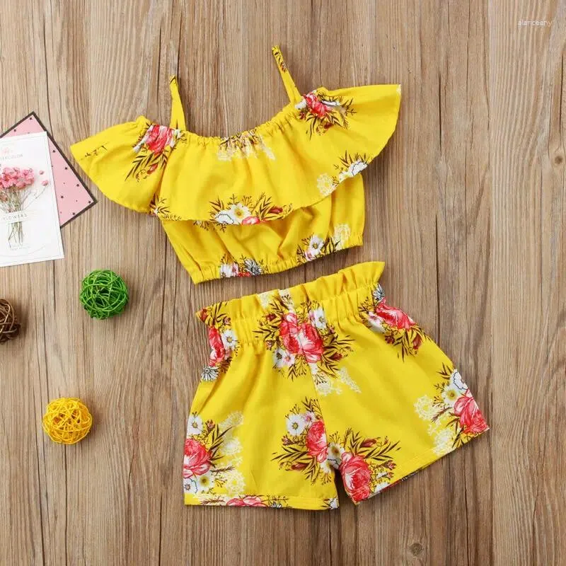 Kleidung Sets Baby Sommerkleidung Kind Kinder Mädchen Blumenoutfits Schulterweste Kurzhose 2pcs Set lässiger Sonnenanzug 1-6y