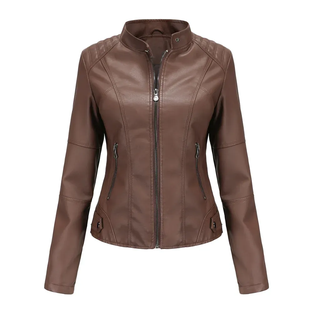 Jackets Motorcycle Coat for Women Coffee Red Faux Leather Jacket Women Moto Biker Zipper Jacket Navy Purple Brown Chaqueta Jaqueta Couro