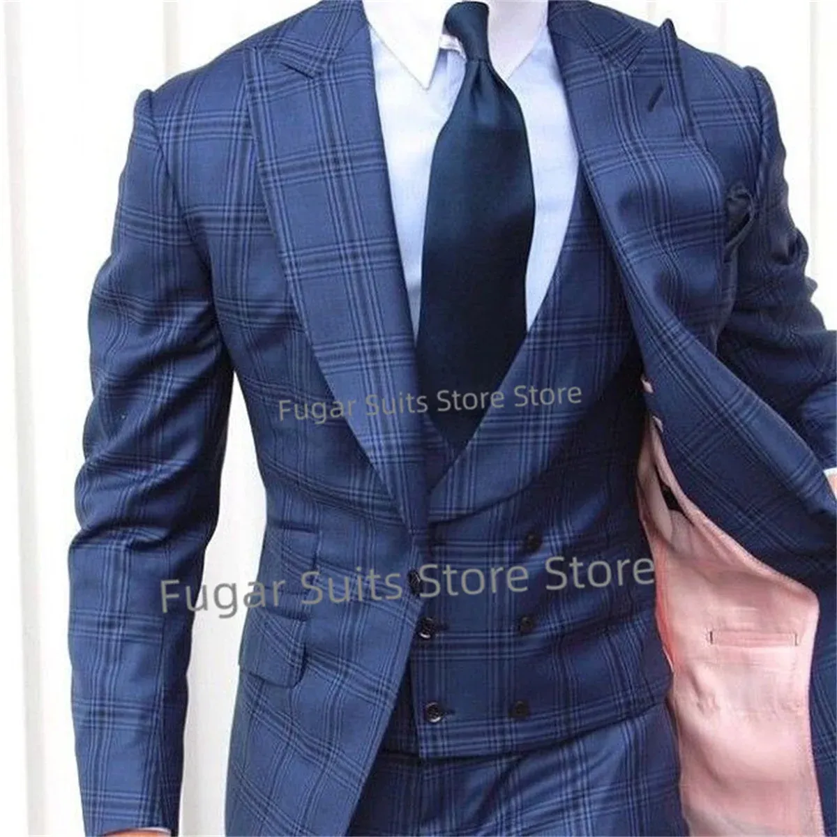 Pakken Business Marineblauw Geruite Bruiloft Pakken Voor Mannen Slim Fit Piek Revers Bruidegom Smoking 3 Stuks Sets Elegante Mannelijke Blazer kostuum Homme