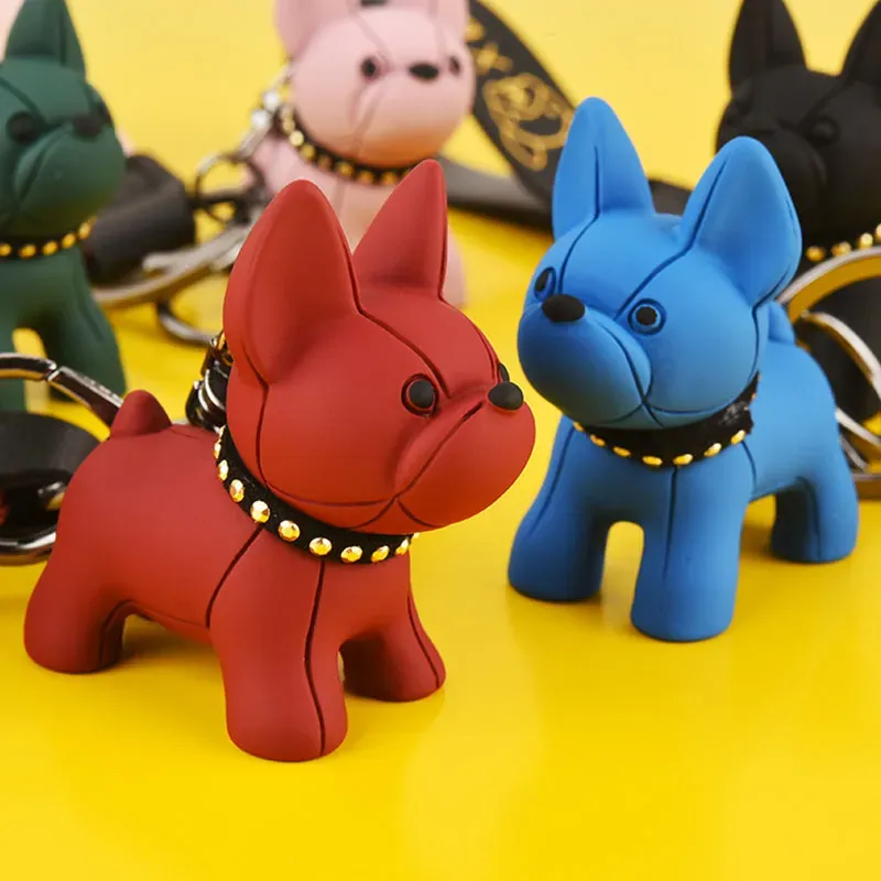 Punk French Bulldog Keychain Bag Pendant PU Leather Dog Keychains for Women Couple Car Key Holder Chain Ring Trinket Keyfob LL