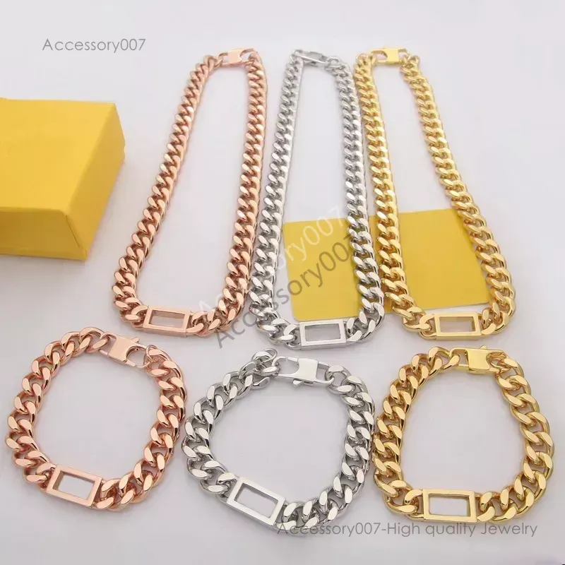 designer jewelry necklaceDesigner Bracelet Necklace Men Women Brass Engraved F Initials Letter Hollow Out Gold Thick Chain Jewelry Sets 3 Color Jewelry