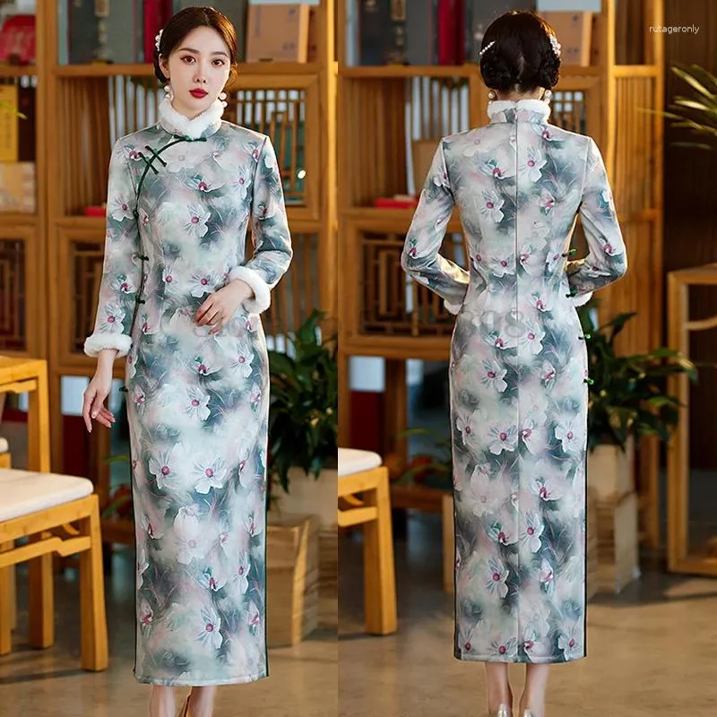 Abbigliamento etnico Inverno Collo alto Cheongsam addensato Elegante quotidiano Large Size 4XL Abiti Abito tradizionale cinese Slim Stampa vintage