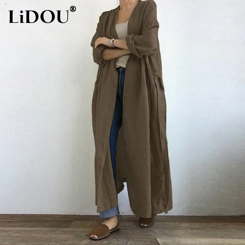 Trench 2023 Primavera Autunno Moda Tinta unita Cardigan a maniche lunghe Donna Casual Allentato Elegante Vintage Comodo Cappotto lungo Allmatch