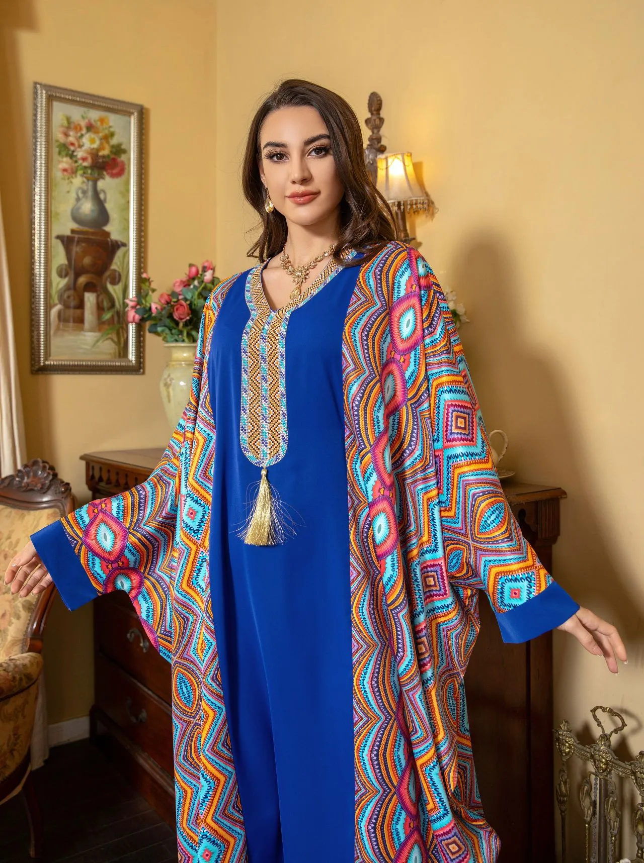 Robe muçulmano roupas femininas 2024 novo estilo abaya bat manga tamanho único diamante vestido árabe do oriente médio elegante impressão kaftan caftan marocain femme