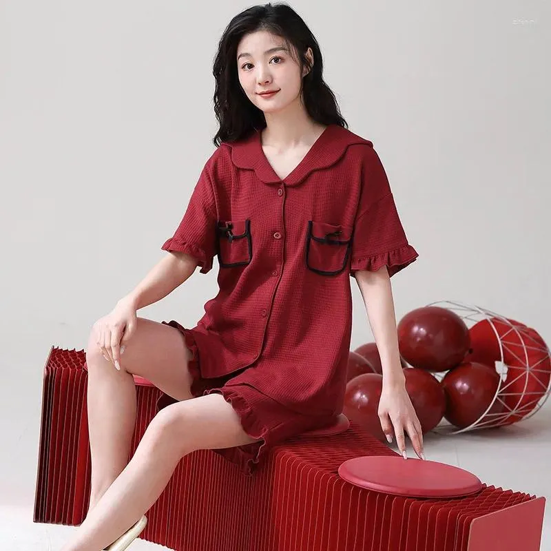 Dames nachtkleding Pyjama's Voor dames Zomer Puur katoen Korte mouwen Shorts Rood Sterrenbeeld Jaar Minimalistisch Huiskleding Feestelijke bruiloftsset