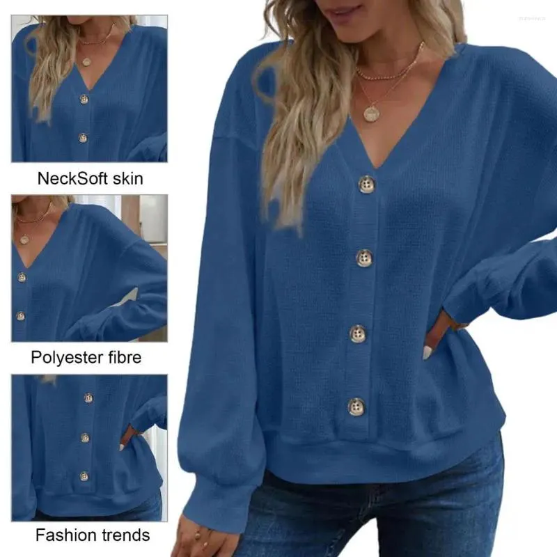 Women's Blouses Single Breasted Casual Top Chic Cozy Autumn/winter V-neck T-shirts Loose Fit Waffle For Effortless