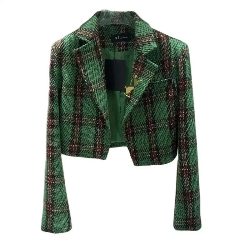 Giacca di lana scozzese Donna Blazer ultracorto a vita alta Cappotto Primavera Autunno Moda Lady Suit Piccolo capispalla Casual Top 240228