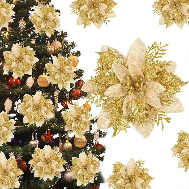 Décorations de Noël 3pcs 14cm Fleurs Glitter Artificielle Rouge Or Fleur Tête Berry DIY Arbre de Noël Ornement pour l'année de la maison