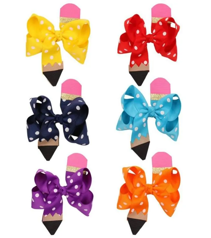 45 Zoll gepunktete Bleistift-Haarschleifen Süße Baby-Bandschleifen Boutique-Haarschleife mit Haarspangen Kinderzubehör A39498019345