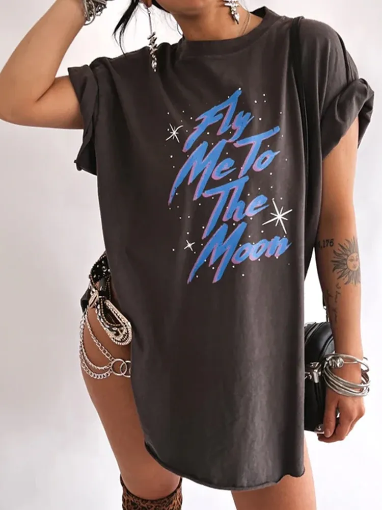 T-shirt Seeyoushy Fly Me To The Moon Print Side Slit Tee Shirt Women Summer Graphic T Shirt Vintage Loose Woman Y2K Tshirts Tops Clothes