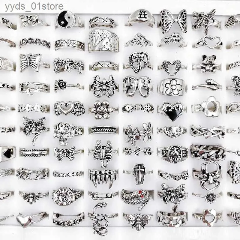 Band Rings 50/Pcs/Lot Hip Hop Vintage anneaux pour femmes en gros Punk coeur fleur crâne papillon Tai Chi bague bijoux fête cadeau L240305