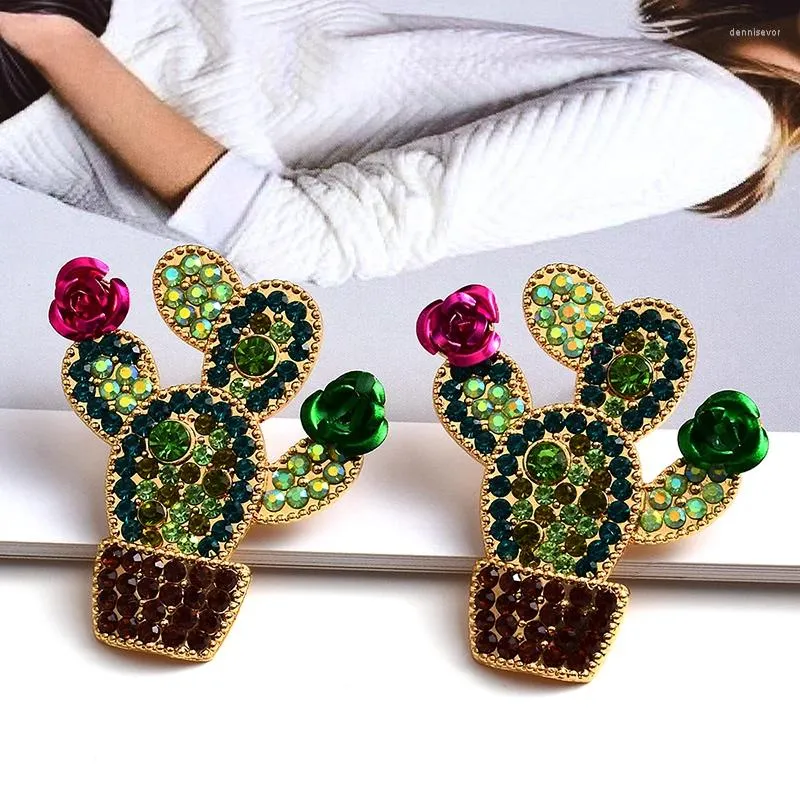 Boucles d'oreilles pendantes en forme de Cactus, métal huilé, cristal, strass de haute qualité, bijoux à la mode pour femmes, vente en gros