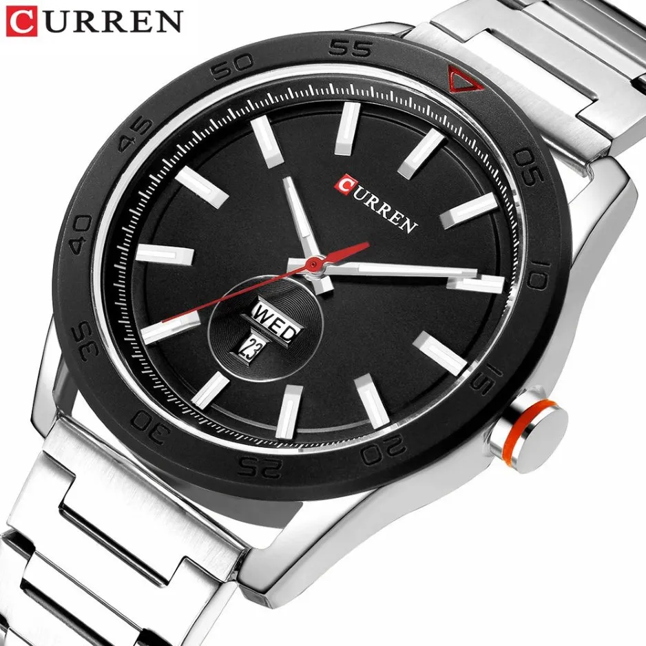 CURREN Male Clock Classic Silver Watches for Men Military Quartz Stainless Steel Wristwatch with Calendar Fashion Business Style2799