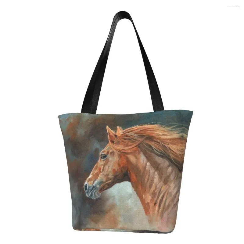 Sacos de compras reutilizáveis abstrato cavalo padrão saco mulheres ombro lona tote portátil mantimentos shopper