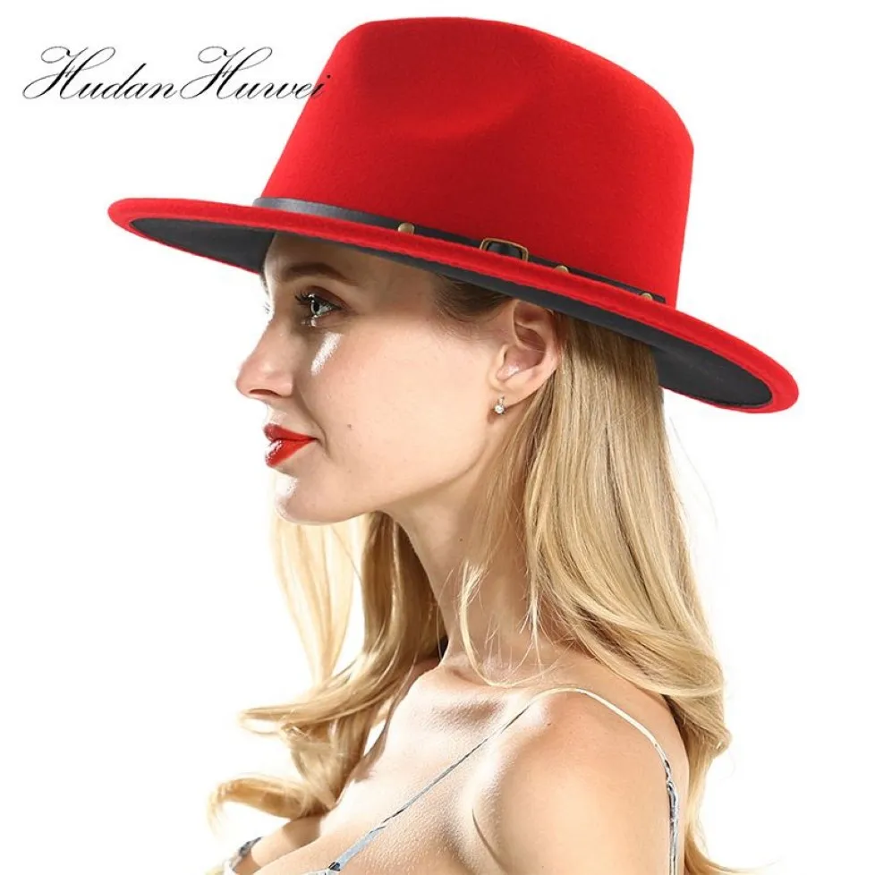 Unisex Flat Brim Wool Feel Fedora Hats z paskiem czerwony czarny patchwork jazzowy formalny kapelusz panama czapka trilby chapau dla mężczyzn Women T2001350M