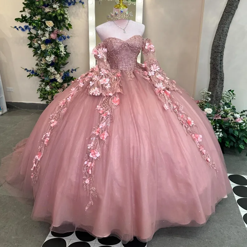 Pink 3D Flowers Ball klänning Långärmad quinceanera -klänningar Applices spetspärlor Tull Corset Vestidos de 15 Anos