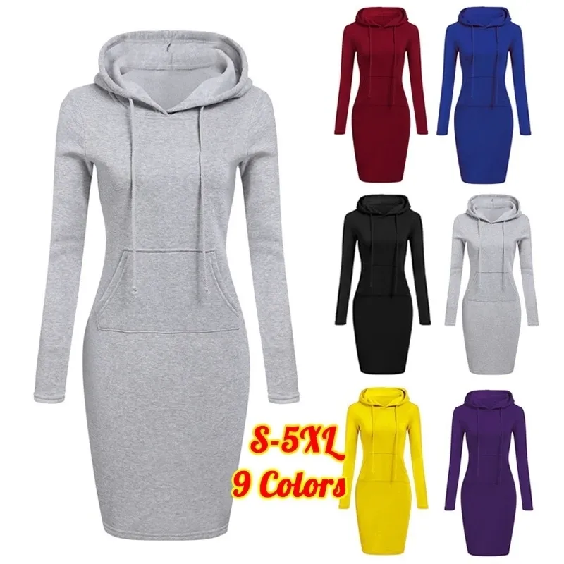 Vestidos 2022 WomenOtoño Invierno Moda Sudadera Vestidos Mujer Bolsillo Con Capucha Vestido Casual Color Sólido Manga Larga Mini Vestido Kleid